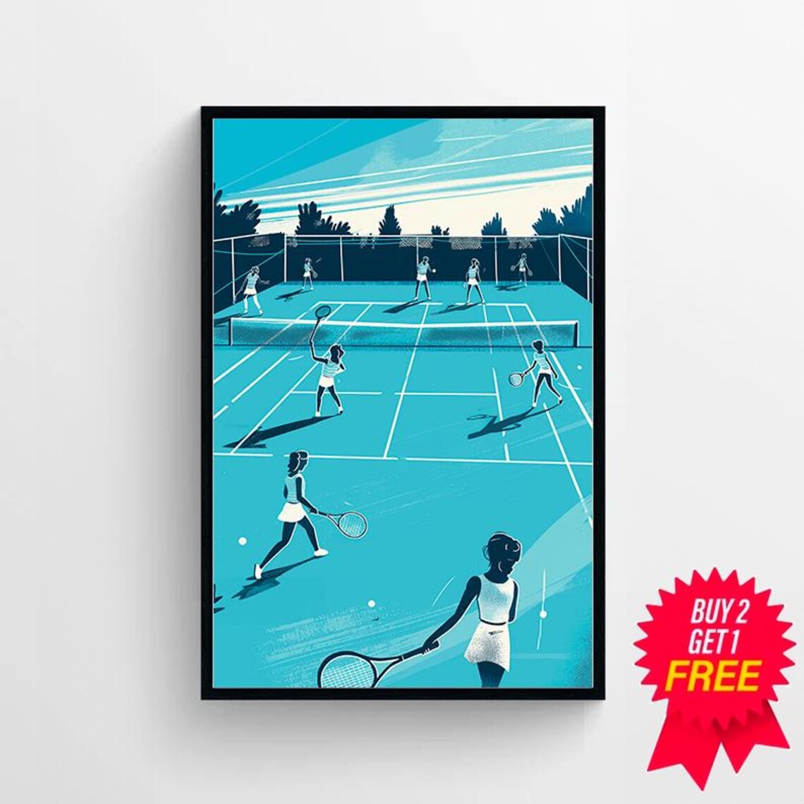 Retro Blue Tennis Court Illustration with Vintage Players Poster - Image 4