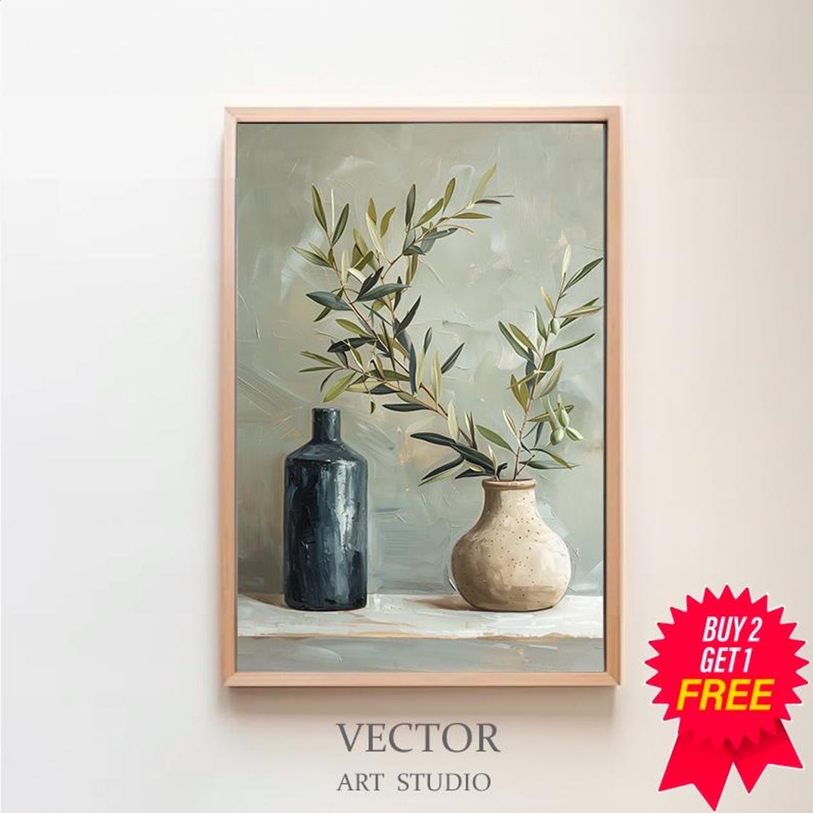 Tall Olive Branches in Two Ceramic Vessels Still Life Poster