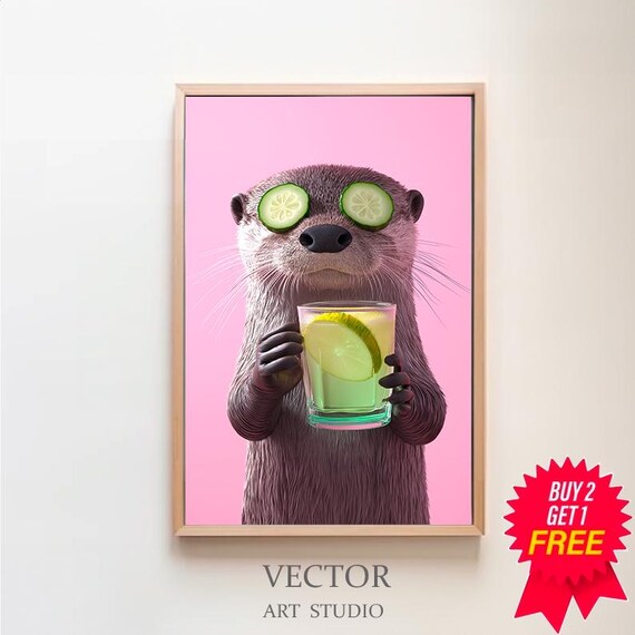 Otter with Cucumber Eyes Holding a Lime Cocktail Pink Funny Animal Poster