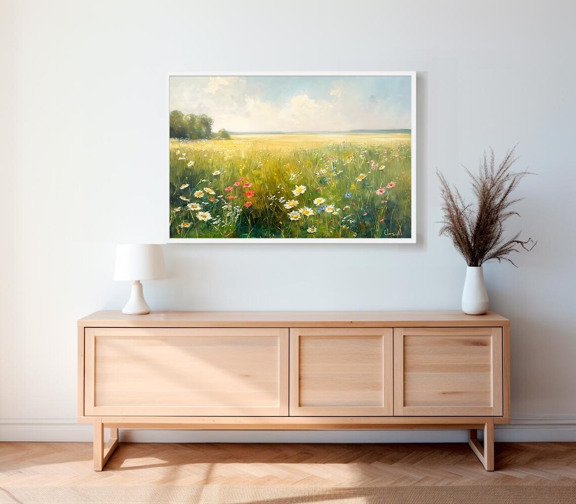 Sunlit Wildflower Meadow Summer Landscape Oil Painting Art Poster - Image 2