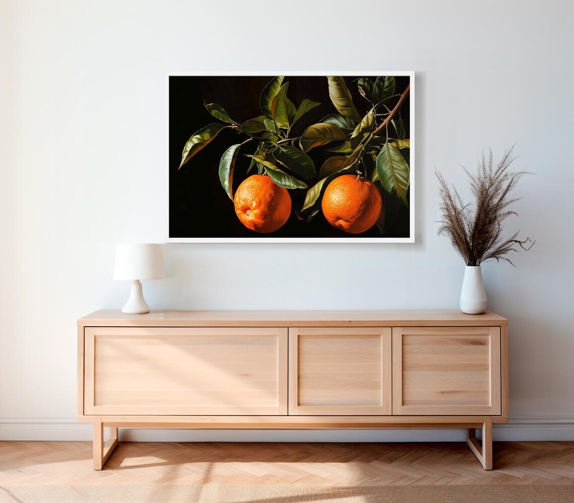 Pair of Sweet Oranges Hanging on a Leafy Branch Still Life Poster - Image 2