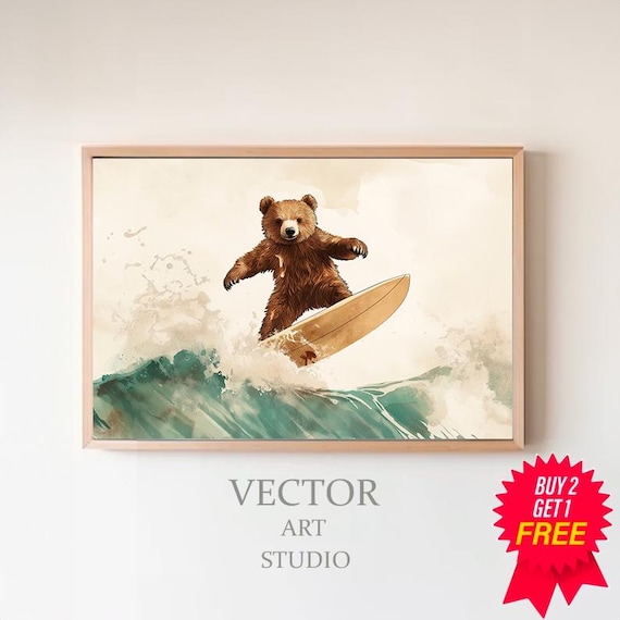 Cute Surfing Bear Riding A Teal Ocean Wave On A Board Nursery Wall Art
