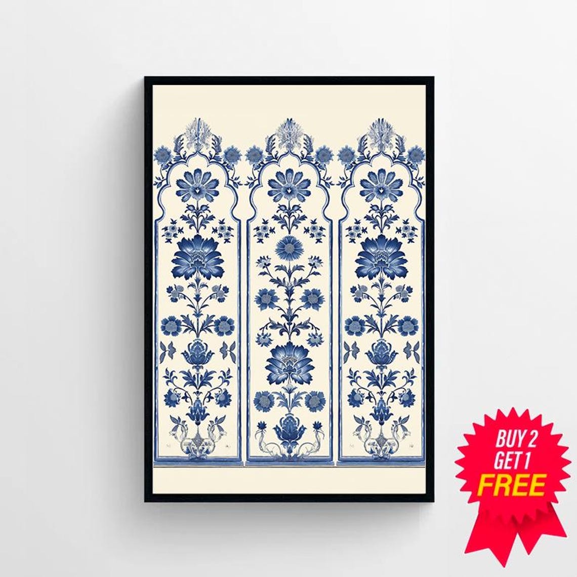 Blue And White Indian Floral Textile Block Pattern Art Poster - Image 4