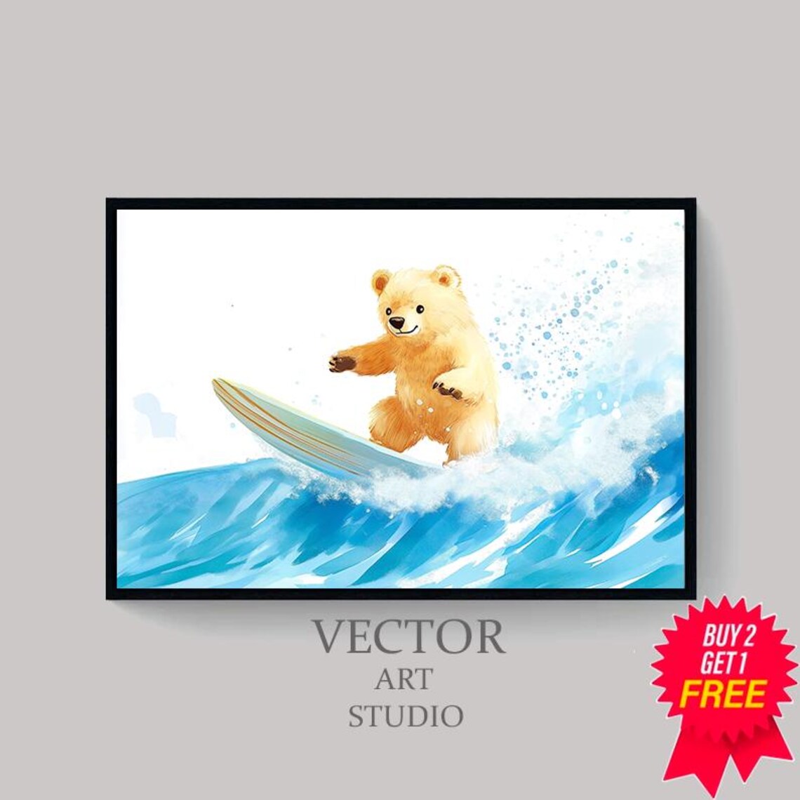 Happy Teddy Bear Surfing A Bright Blue Wave On His Surfboard Nursery Print - Image 4