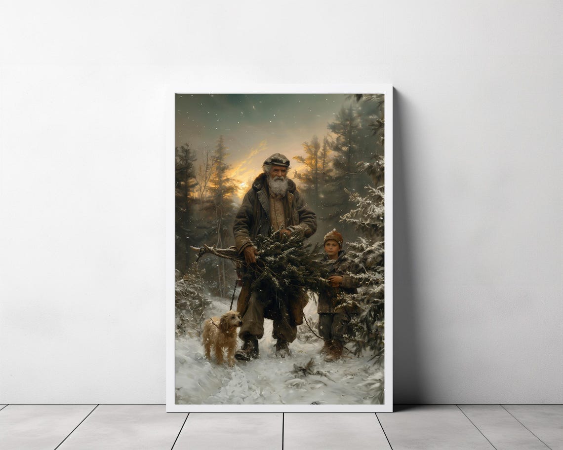 Vintage Christmas Scene Old Man Carrying Tree in Snowy Forest Poster - Image 3