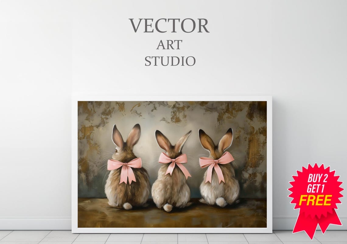 Three Cute Bunnies With Pink Bows Vintage Easter Bunny Art Poster - Image 3