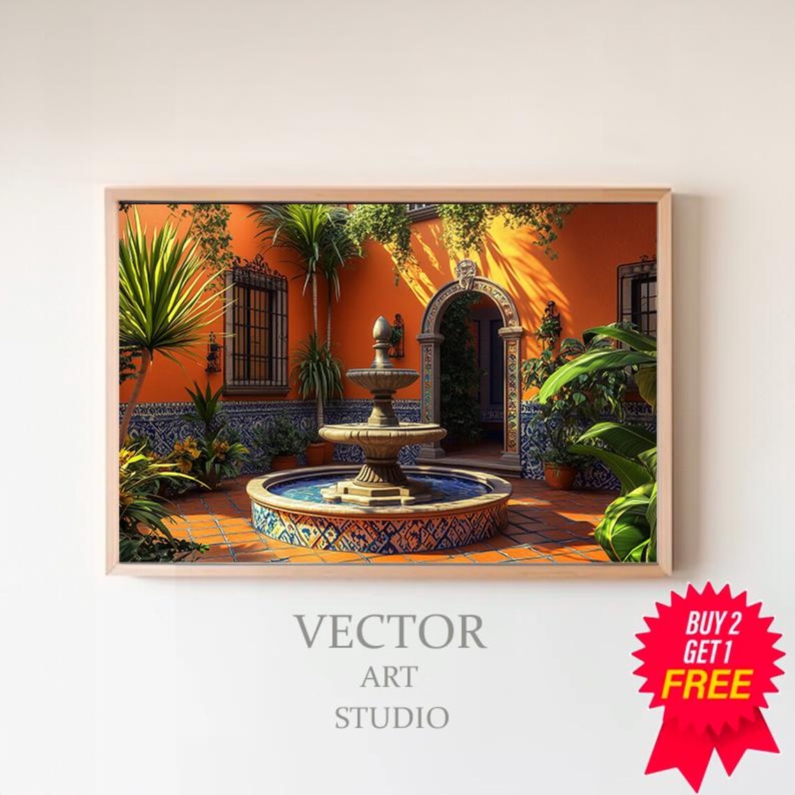 Sunlit Mexican Courtyard Mosaic Tile Fountain Garden Art Poster