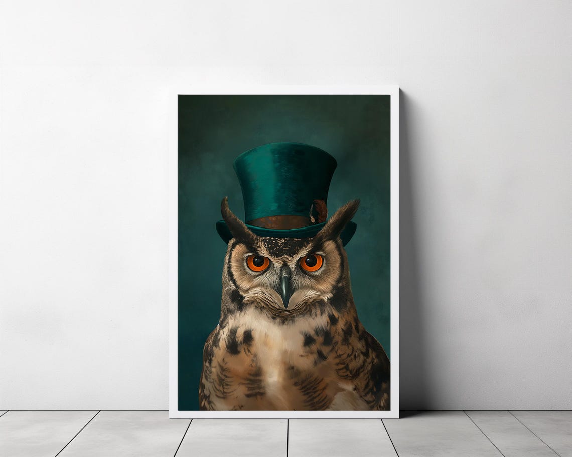 Great Horned Owl Wearing A Green Top Hat In Old Master Wall Art - Image 3