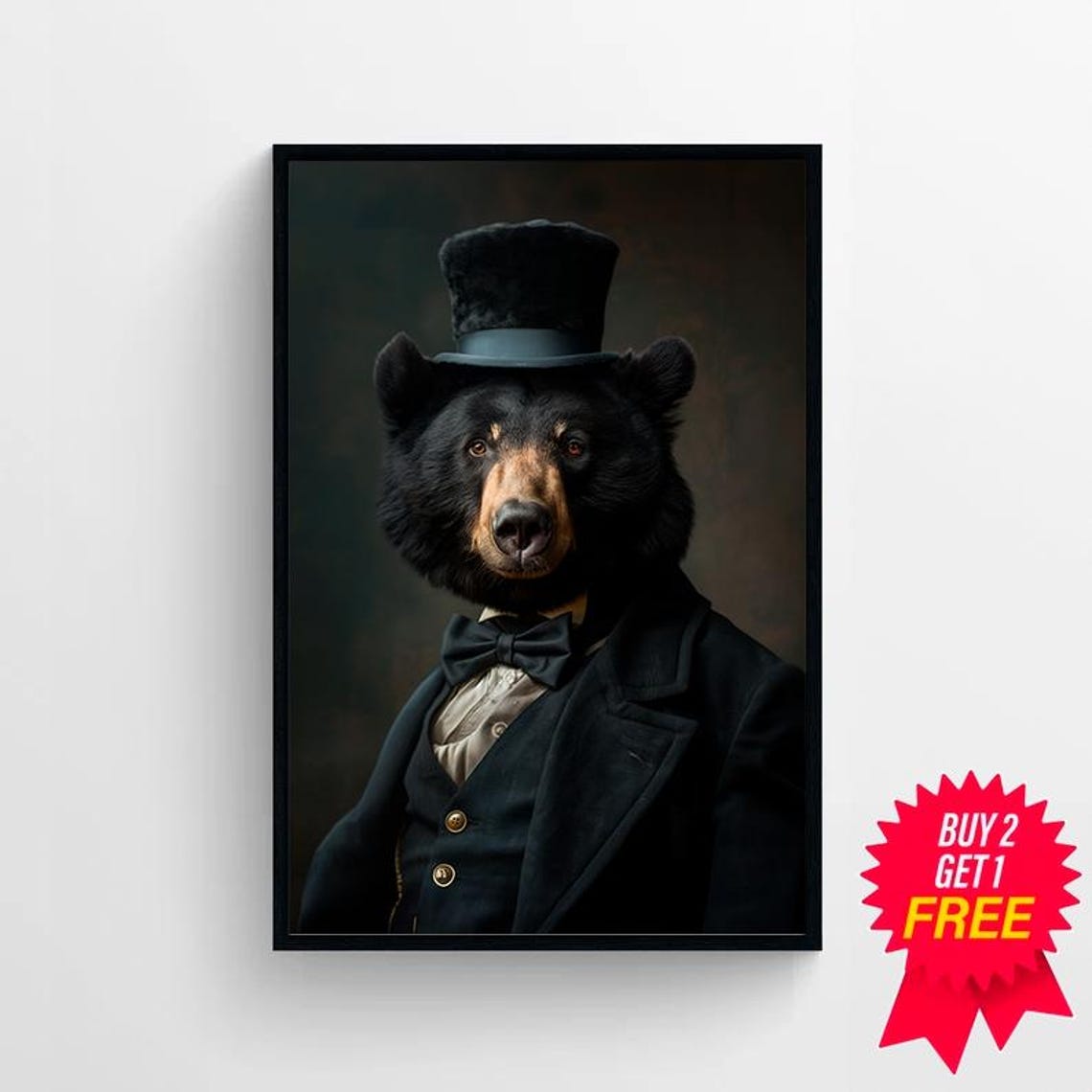 Dapper Black Bear In Top Hat Bow Tie Victorian Portrait Poster - Image 4