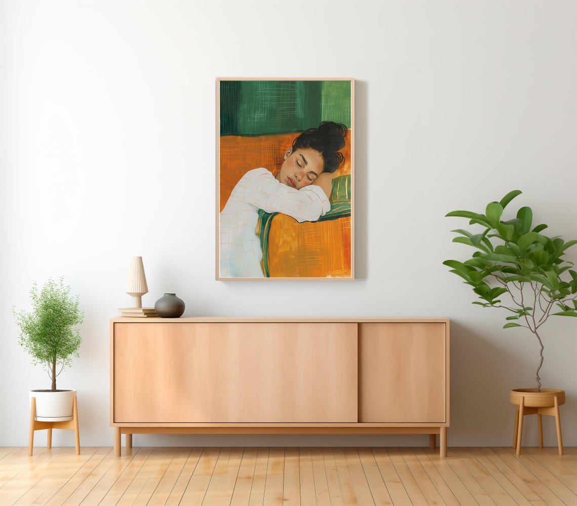 Sleeping Woman Resting on an Emerald Green Striped Couch Poster - Image 2