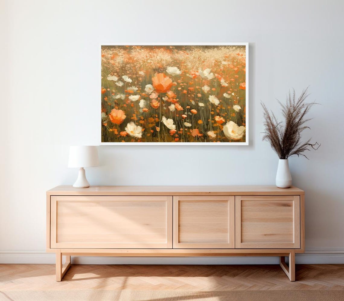Soft Focus Orange and White Wildflowers in a Vintage Style Art Poster - Image 2