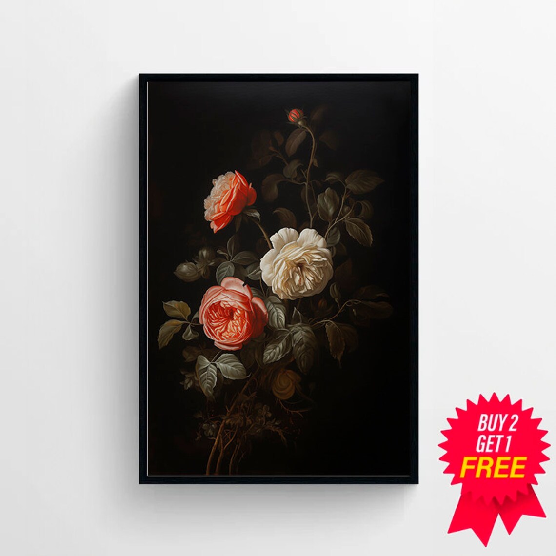 Moody Roses Still Life on a Black Background Floral Oil Poster - Image 4