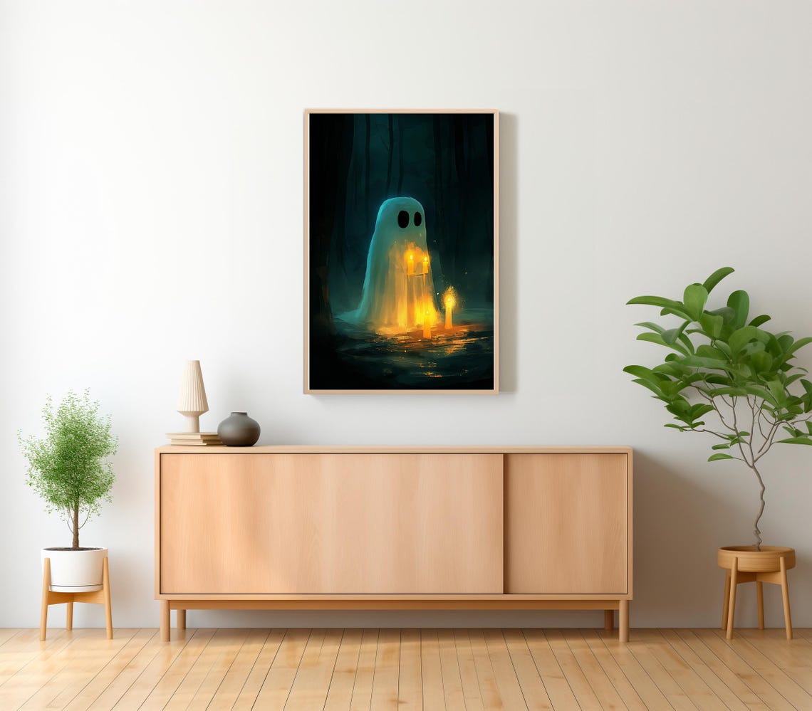 Cute Little Ghost with Candles Glowing in a Dark Forest Poster - Image 2