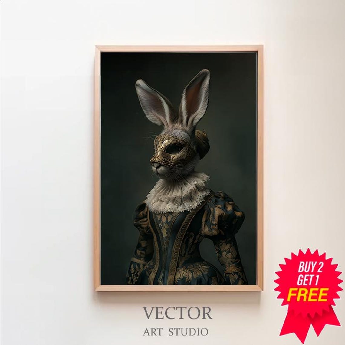 Masked Rabbit Lady In Baroque Gold Embroidered Gothic Gown Poster