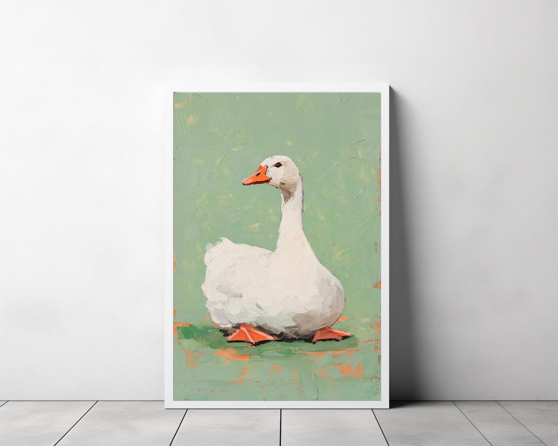 Charming White Goose Impasto Oil Painting on Sage Green Nursery Poster - Image 3
