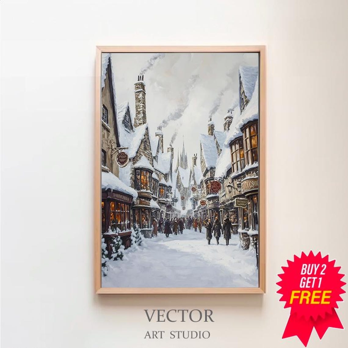 Crowded Snowy Wizard Street In Daylight Winter Fantasy Poster