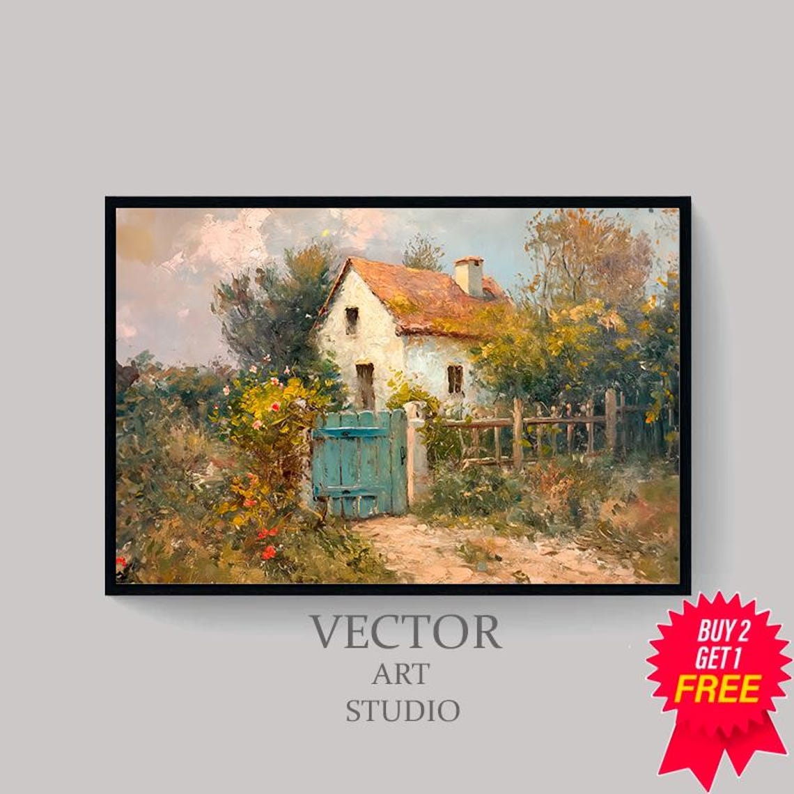 Charming Cottage with Blue Gate and Terracotta Roof Rustic Poster - Image 4