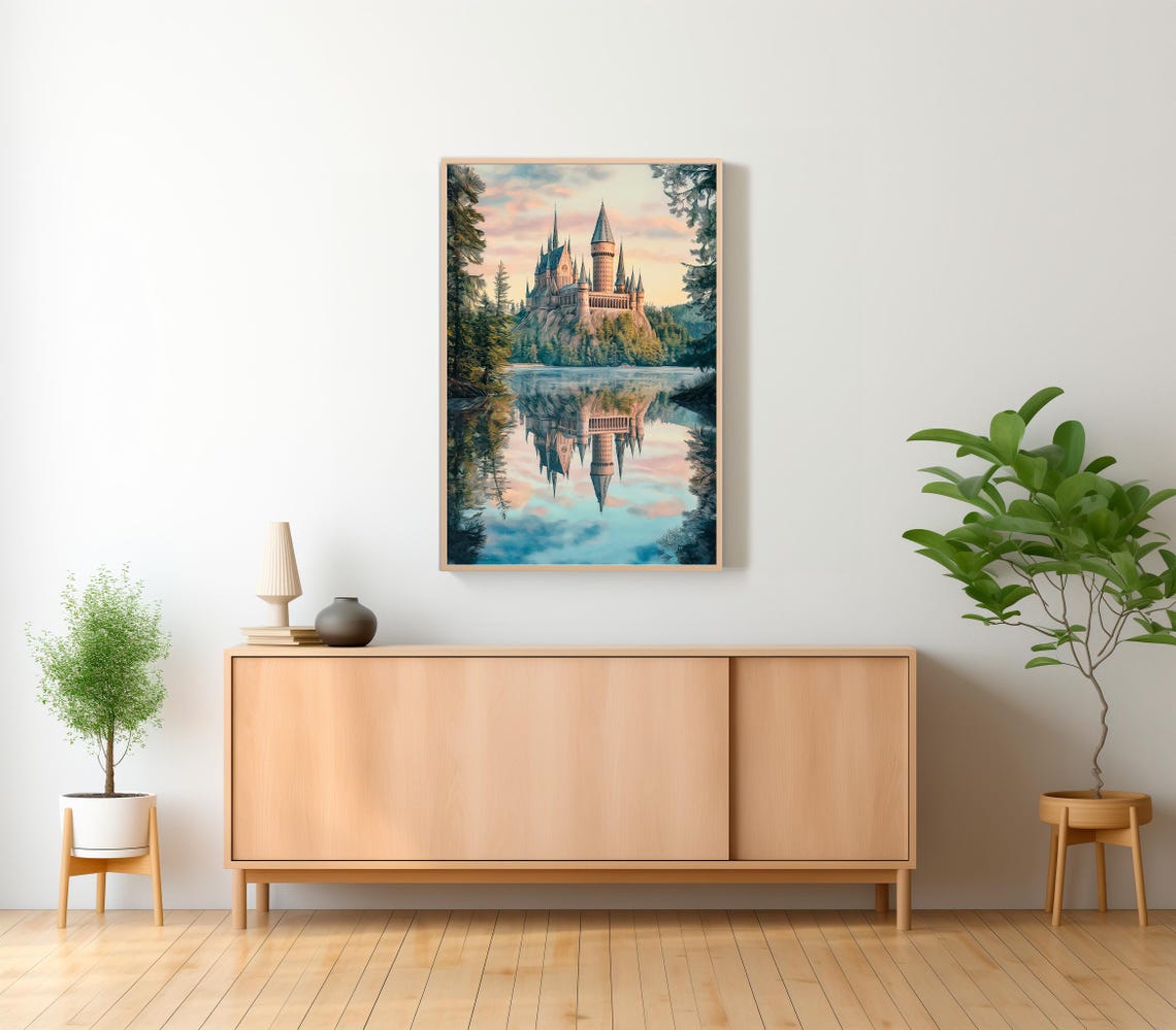 Wizard Castle Sunset Lake Reflection Evergreen Watercolor Poster - Image 2