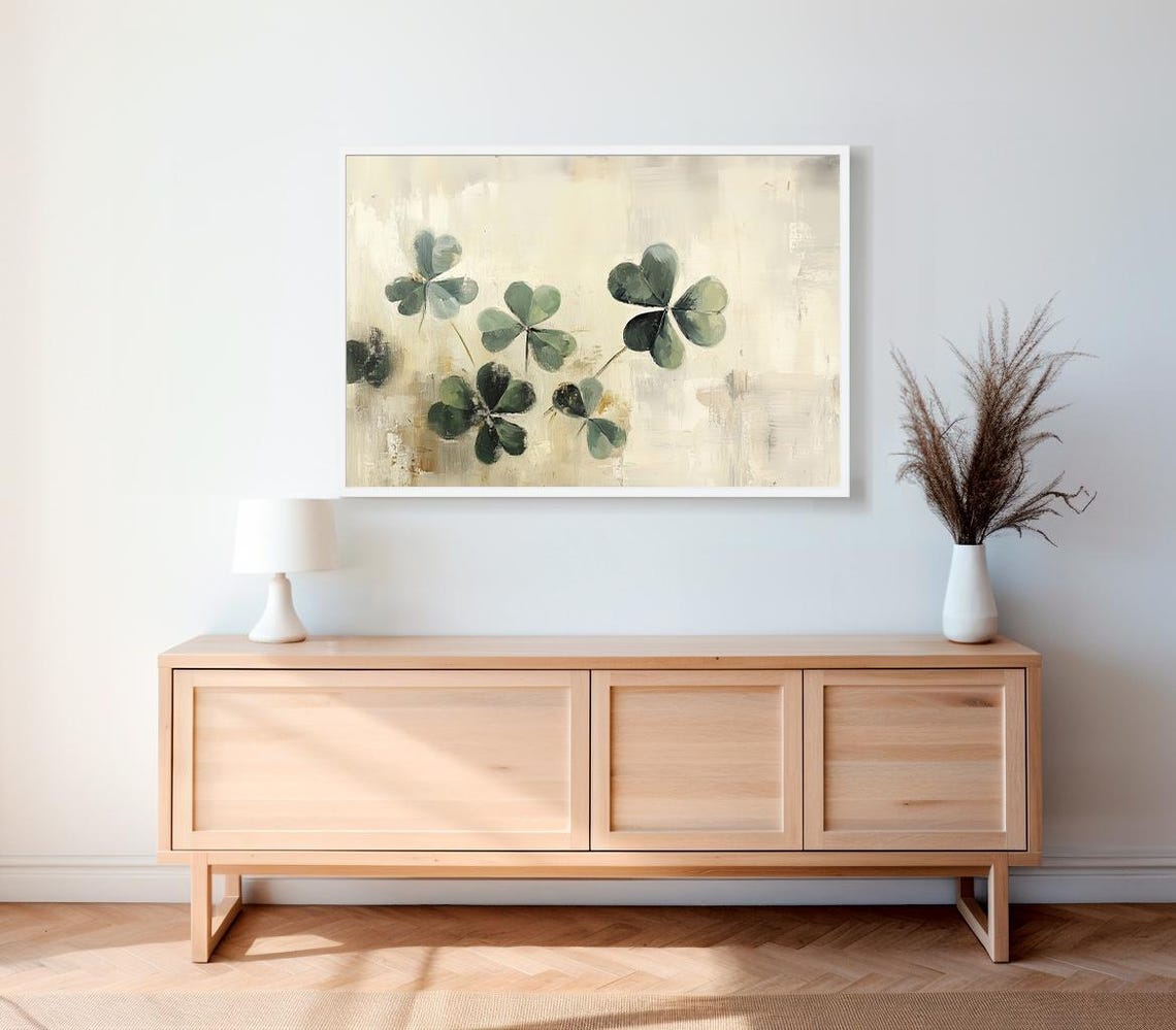 Shamrock Rustic Painting Frame Tv Art St Patricks Day Decor Clover Print Moody Vintage Print Green Lg Gallery Tv - Image 2