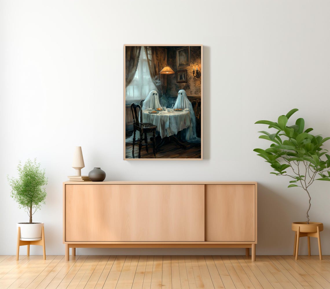 Two Cute Ghosts Having A Candlelit Dinner In A Vintage Room Poster - Image 2