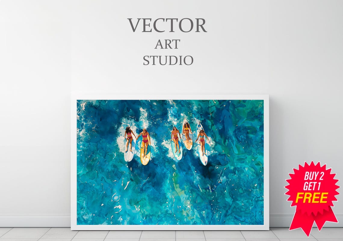 Six Surfers Paddling Together Turquoise Waves Aerial Coastal Poster - Image 3