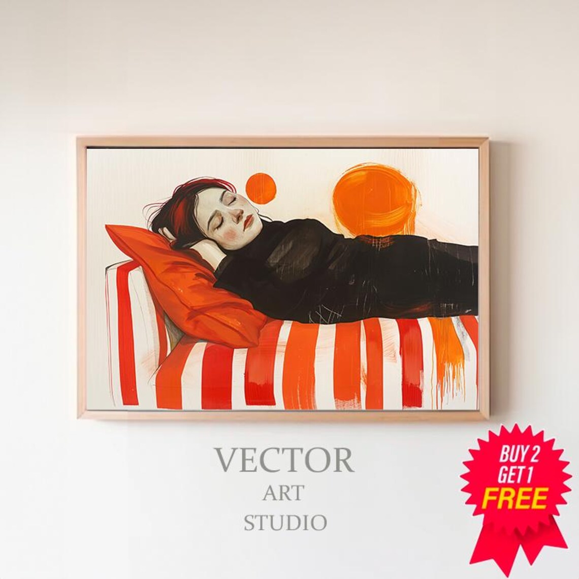 Modern Abstract Wall Art Woman On Red Orange Striped Couch Unique Line Drawing Large Print For Vibrant Home Decor