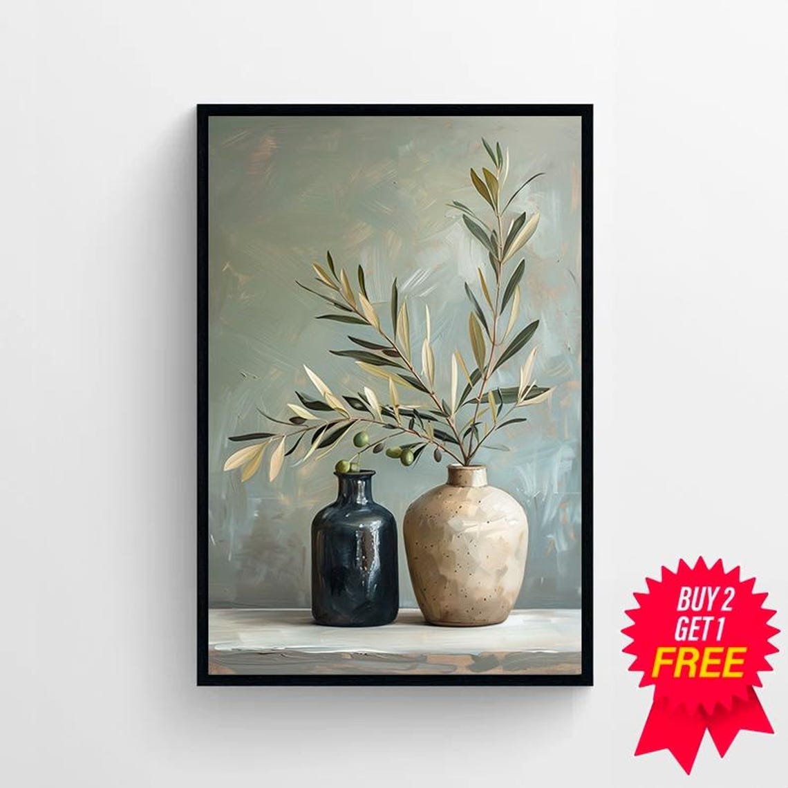 Two Ceramic Vases With Olive Branches Minimalist Still Life Poster - Image 4