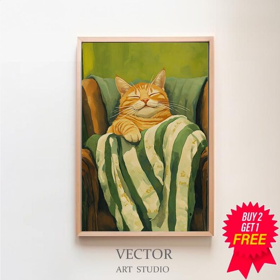 Content Orange Tabby Cat Relaxing in a Cozy Striped Armchair Poster