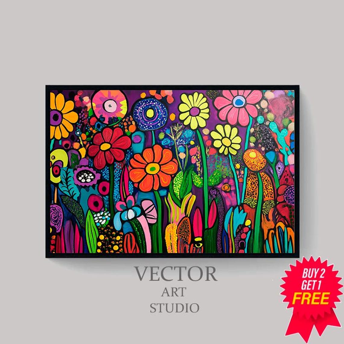 Vibrant Psychedelic Blossom Field Whimsical Folk Floral Poster - Image 4