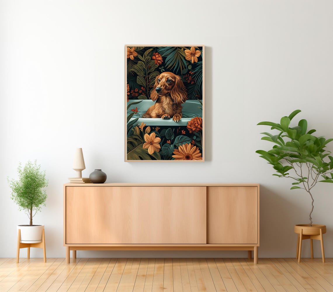 Long Haired Dachshund In A Teal Bathtub Jungle Flowers Wall Art - Image 2