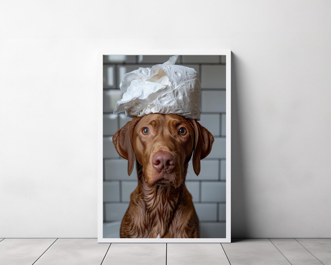 Funny Wide-Eyed Vizsla with Toilet Paper Hat Fresh from Bath Poster - Image 3