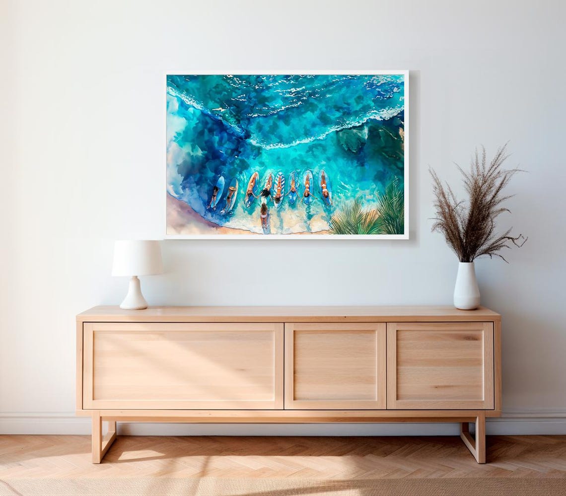 Pink Coastal Beach Wall Art Surfboard Girly Print Watercolor Painting Pink Summer Prints Surfer Girls Seascape Ocean - Image 2