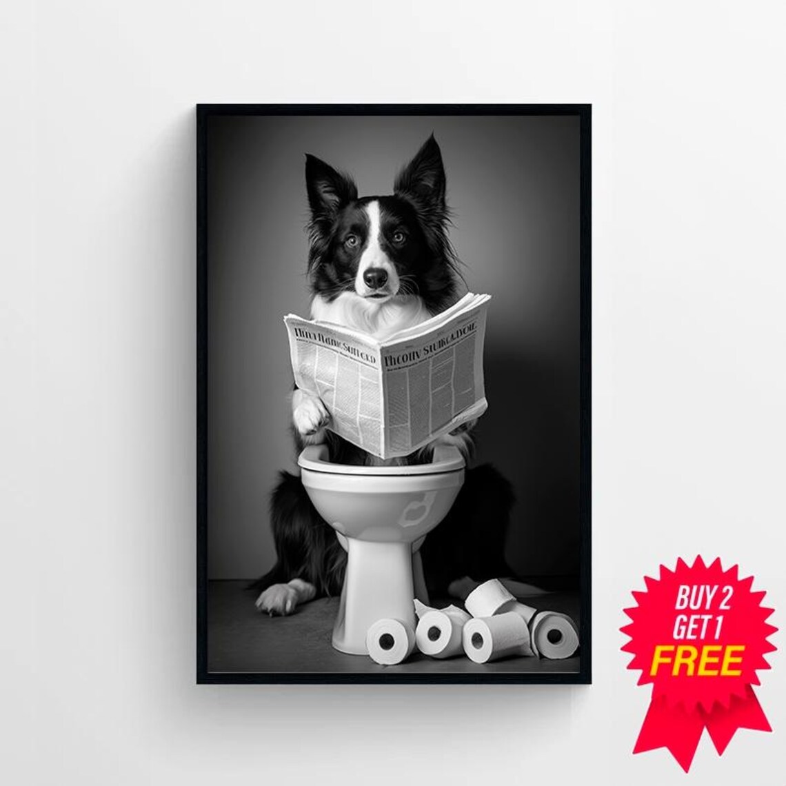 Border Collie in Toilet Bathroom Funny Dog Poster - Image 4