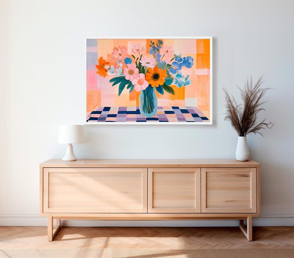 Still Life Frame Tv Art Maximalist Mid Century Modern Bold Flower Tv Picture Colorful Floral Vibrant Checkerboard Textured Oil Painting - Image 2