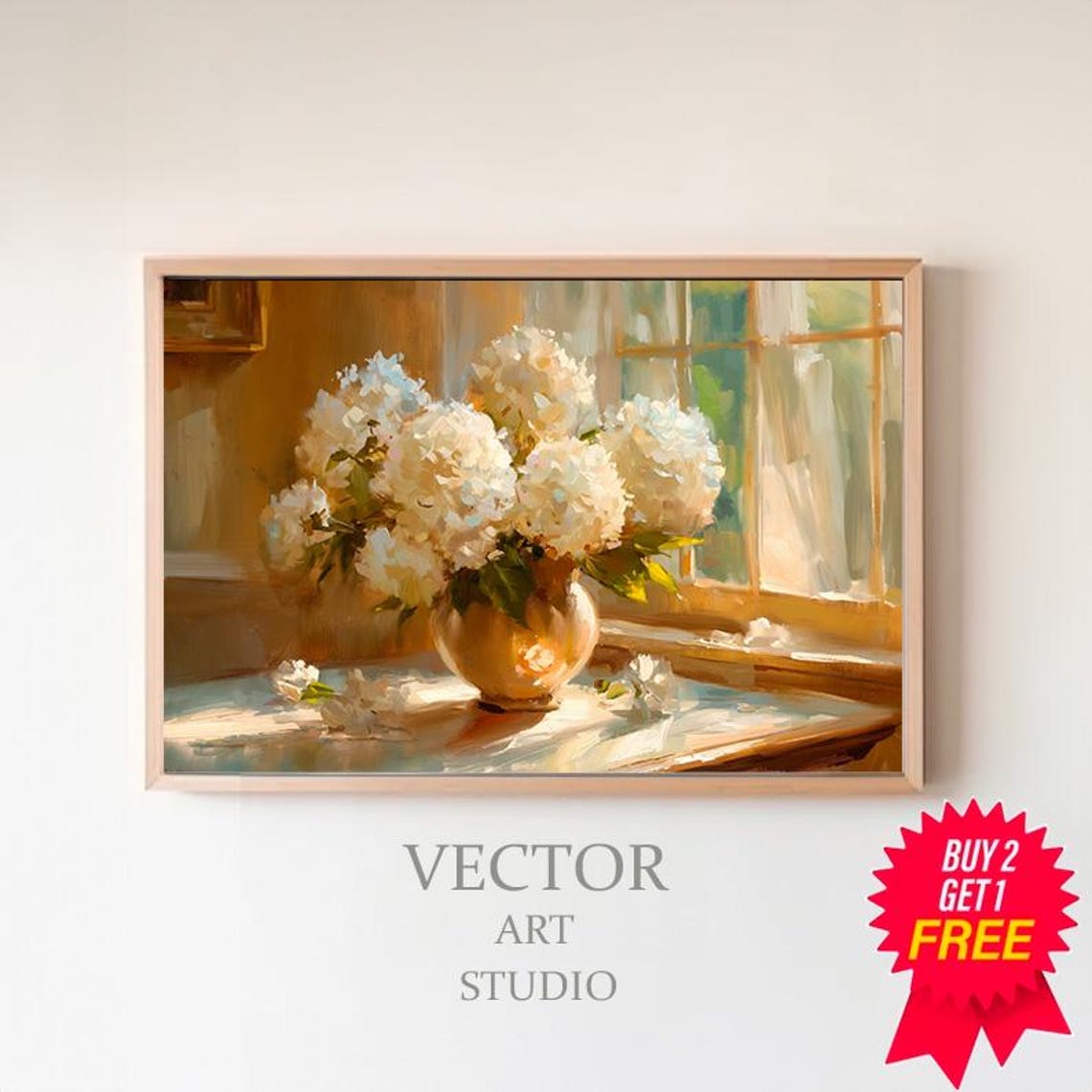 White Hydrangeas in a Golden Vase by a Sunlit Window Floral Art Poster