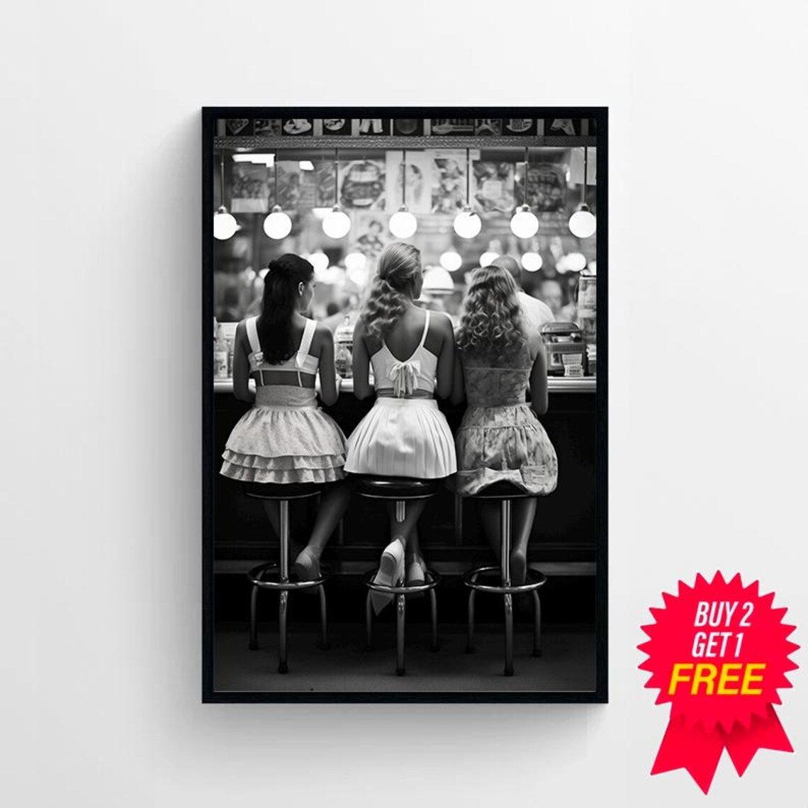 Women Drinking At Bar, Black-And-White Retro Art Print - Image 4
