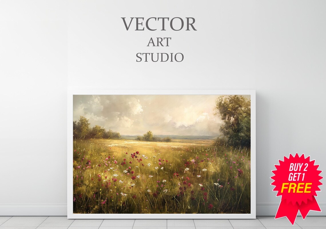 Pink Wildflower Meadow in Golden Light Vintage Spring Landscape Poster - Image 3