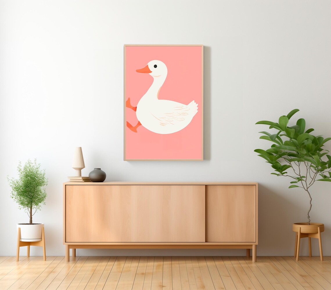 Silly Chubby Goose on a Coral Pink Minimalist Nursery Art Poster - Image 2