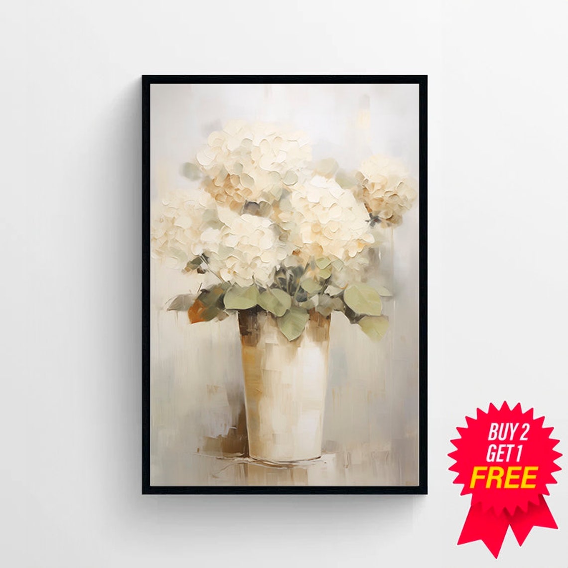 Bright White Hydrangeas in a Tall Cream Vase Soft Floral Poster - Image 4