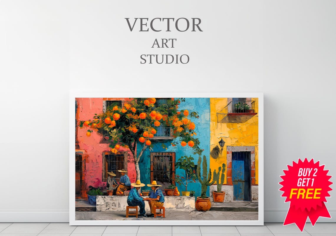 Mexican Village with an Orange Tree and Men in Sombreros Poster - Image 3