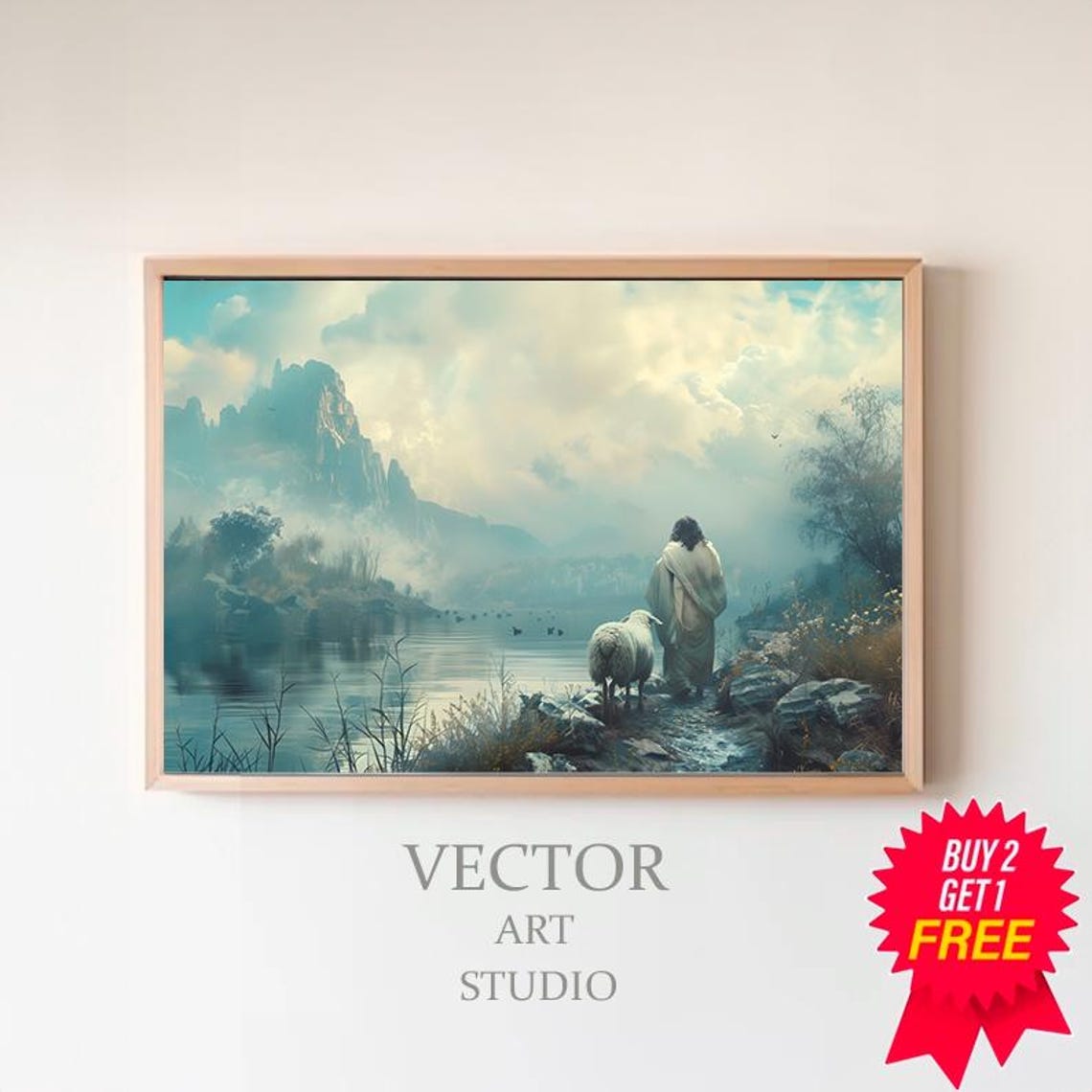 Jesus Walking with a Sheep Along a Misty Lakeside Path Poster