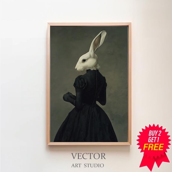 Victorian Lady Rabbit Portrait in Black Dress Gothic Painting Poster
