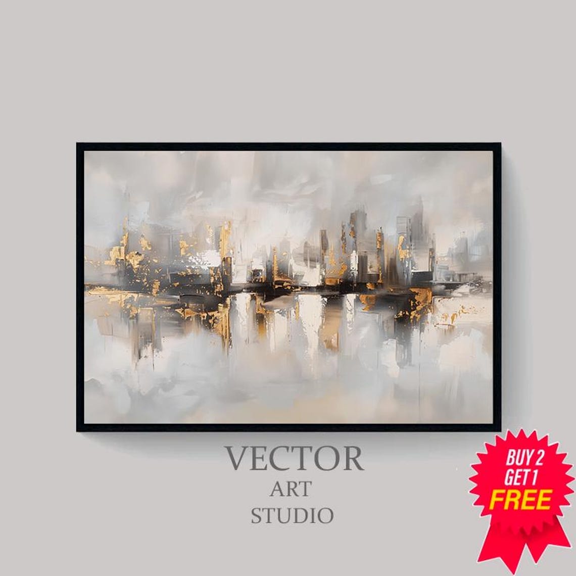 Abstract City Reflection Painting in Gold and Grey Tones Poster - Image 4