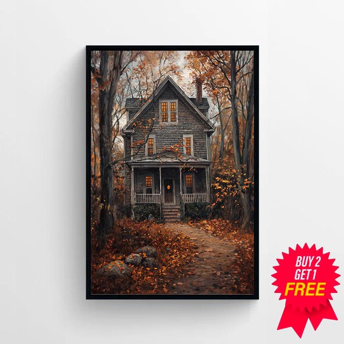 Autumn Farmhouse with Glowing Windows in Moody Fall Woods Poster - Image 4