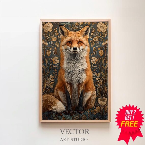Red Fox in a Golden Floral Garden Vintage Botanical Style Art Poster