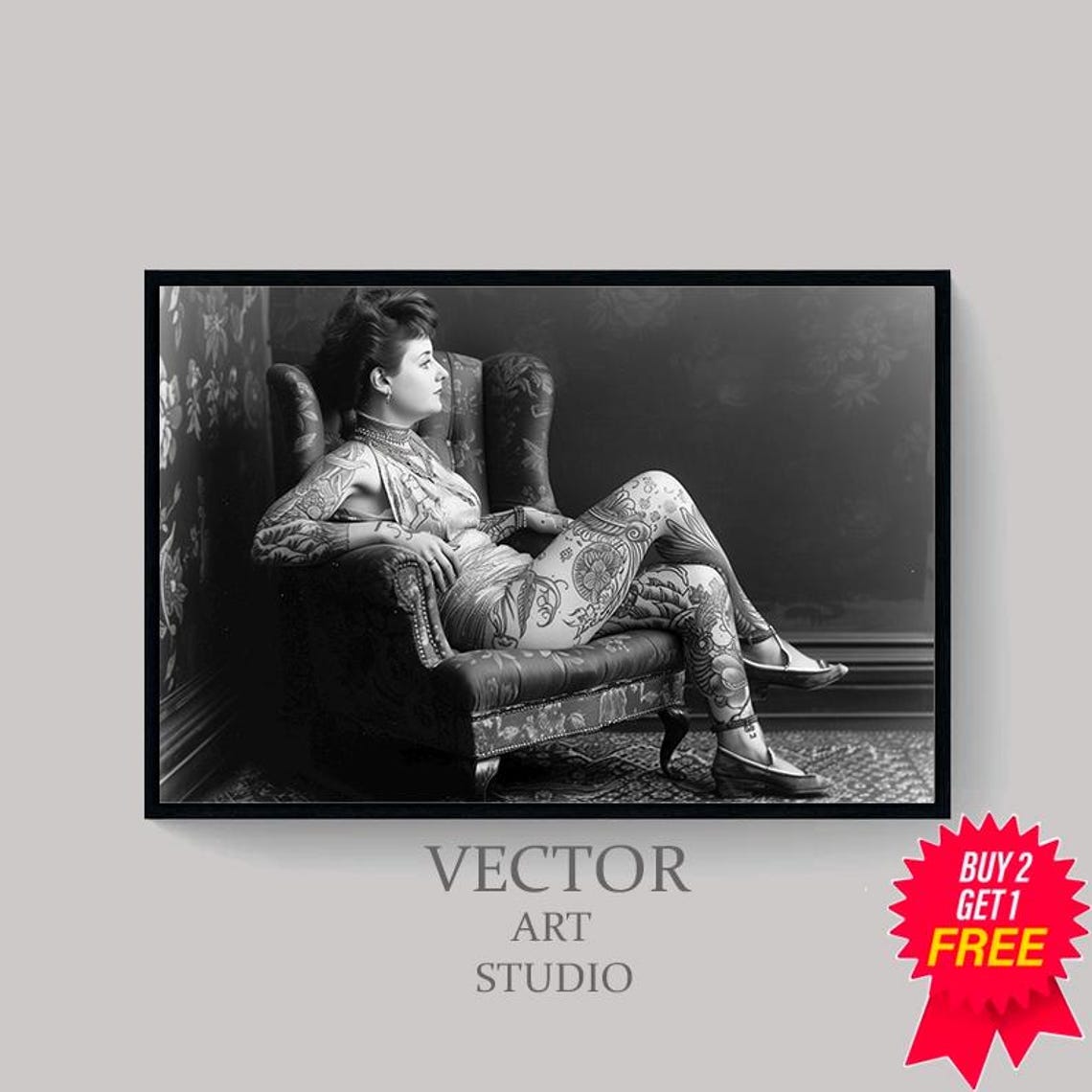 Vintage Tattooed Lady In Armchair Black And White Photo Poster - Image 4