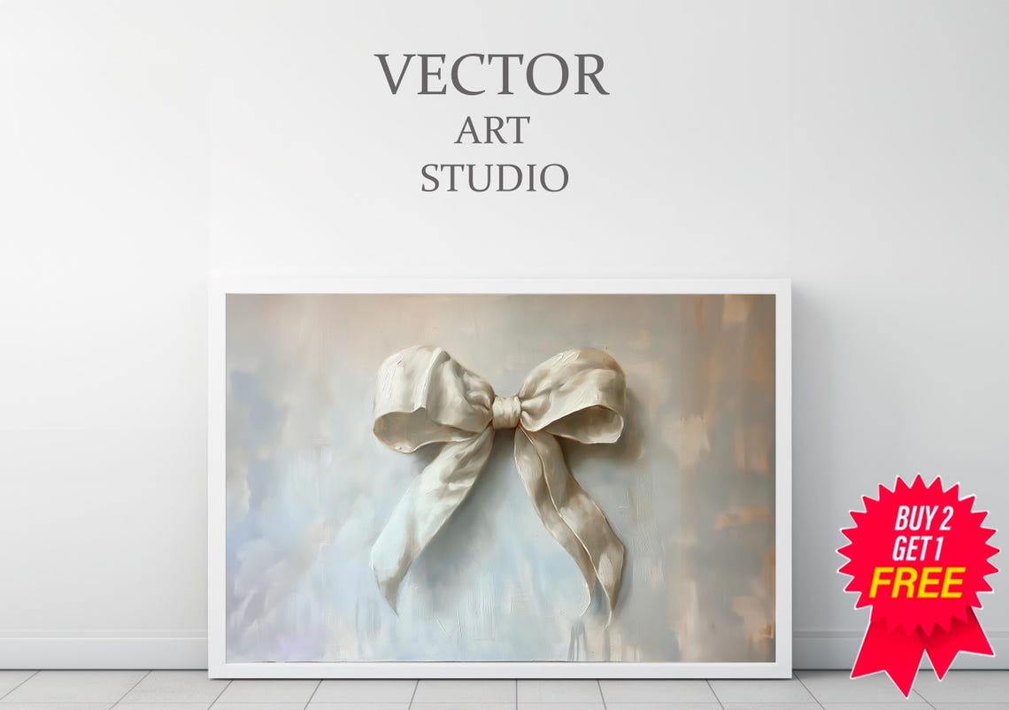 Soft White Silk Bow On Warm Cream Vintage Nursery Oil Poster - Image 3