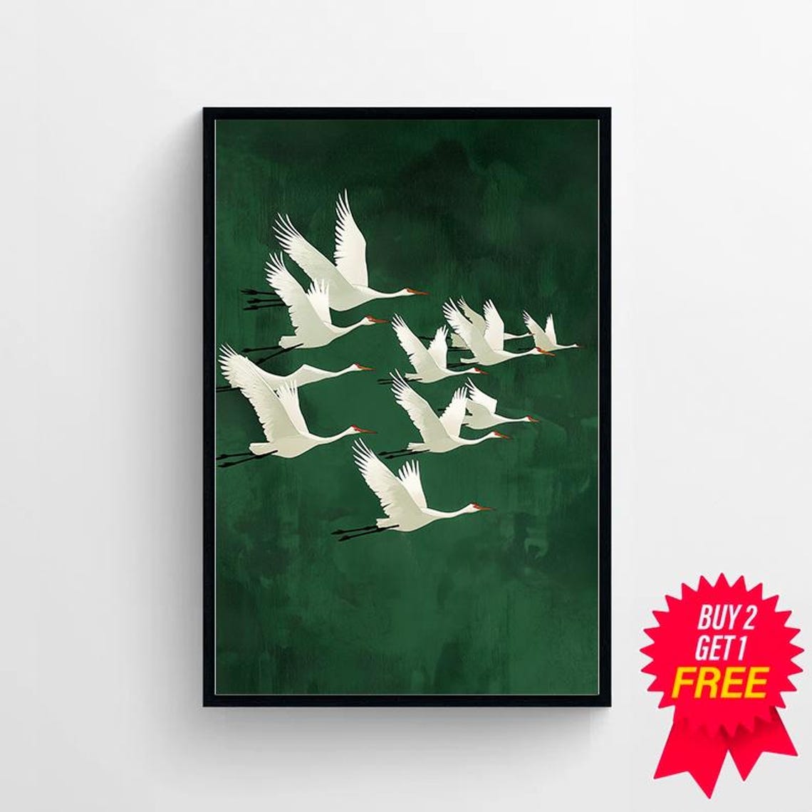 White Cranes in Flight on Emerald Green Japanese Style Art Print - Image 4