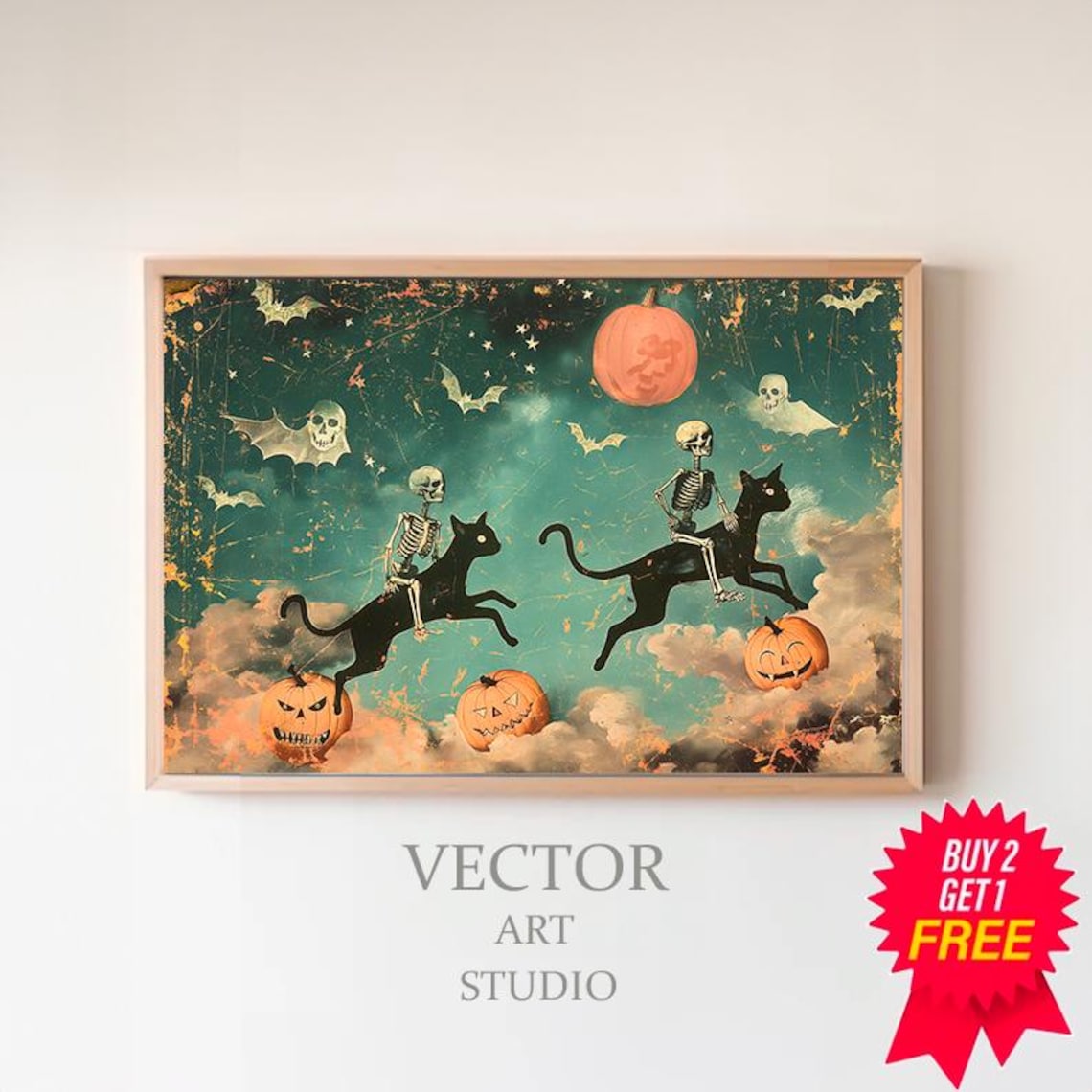 Vintage Halloween Black Cat and Ghost Art Print