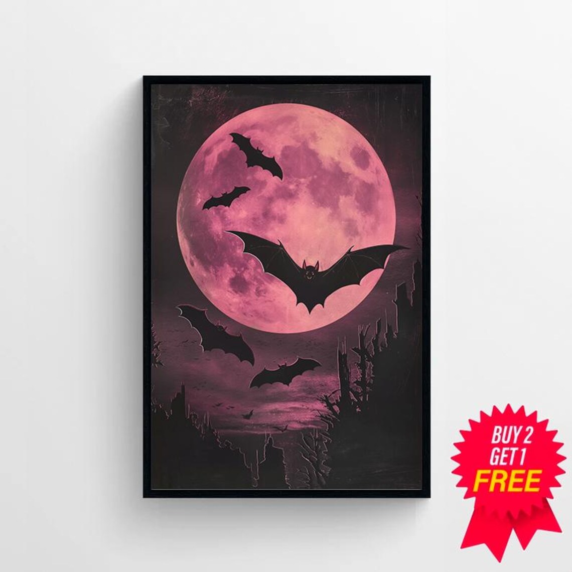 Neon Pink Vampire Bats Vintage Gothic Art Print - Image 4